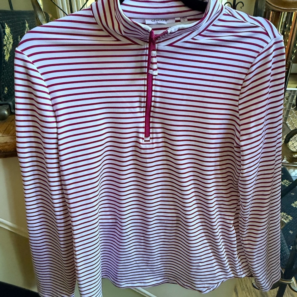 Chico’s Zenery Stretch material 3/4 zip long sleeve top. Size 0 EUC pink /White - Picture 4 of 11